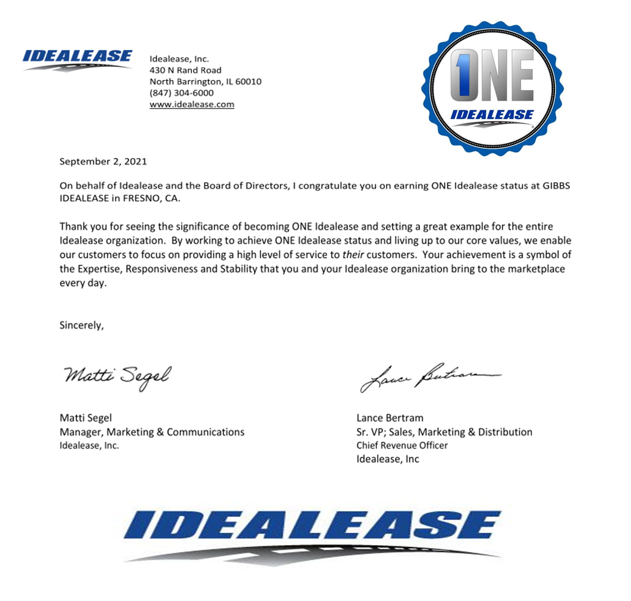 Idealease One Award - Fresno, CA